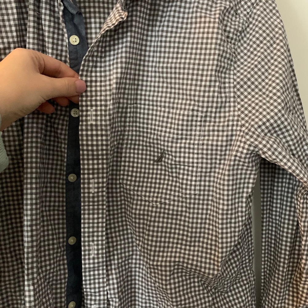 Nautical grey and white plaid button down